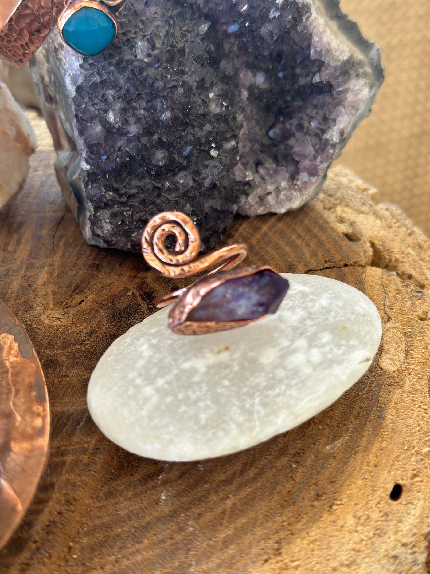 Amethyst Taşlı El Yapımı Bakır Yüzük