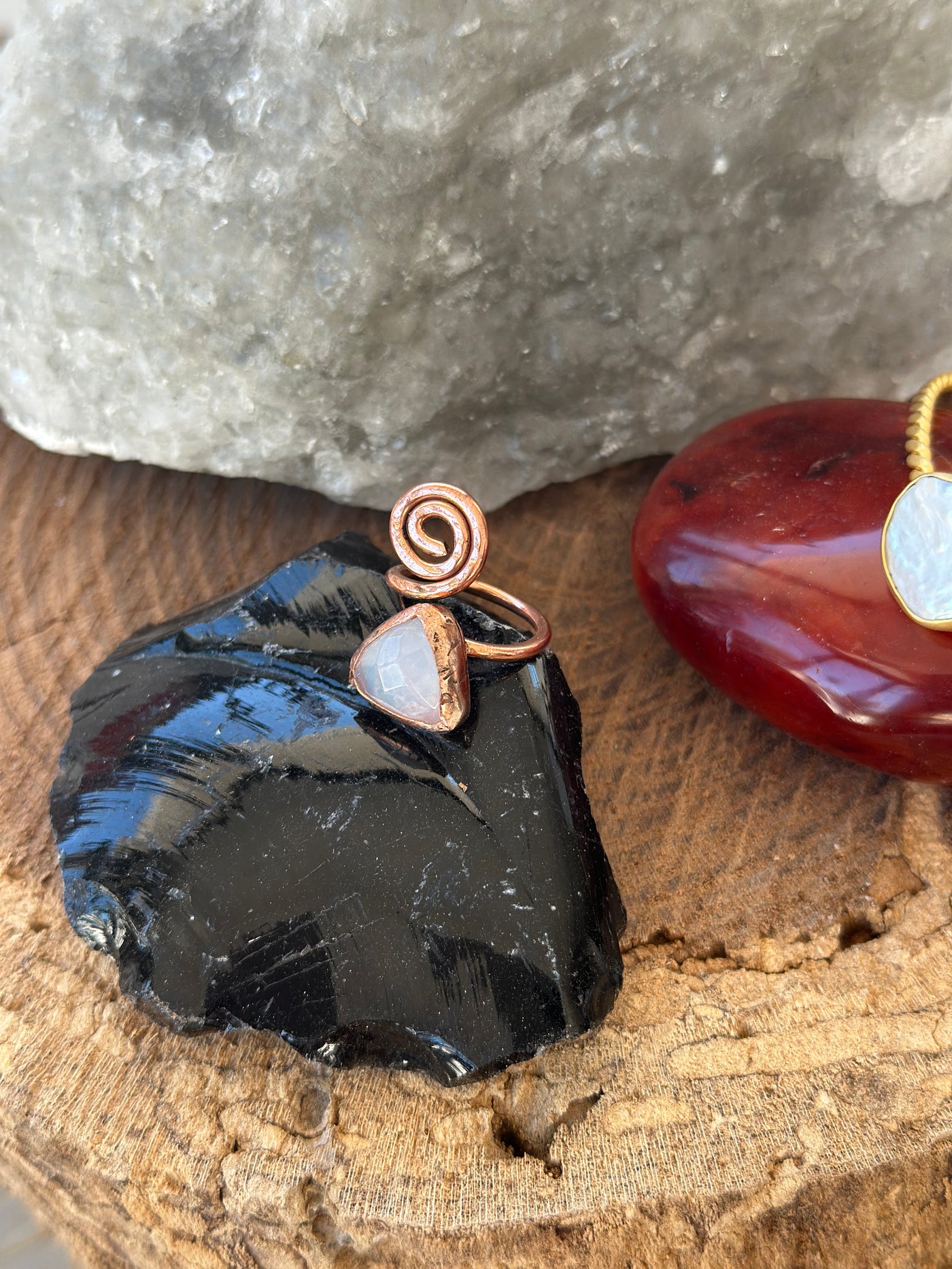 Ay Taşı (Moonstone) Taşlı El Yapımı Bakır Yüzük