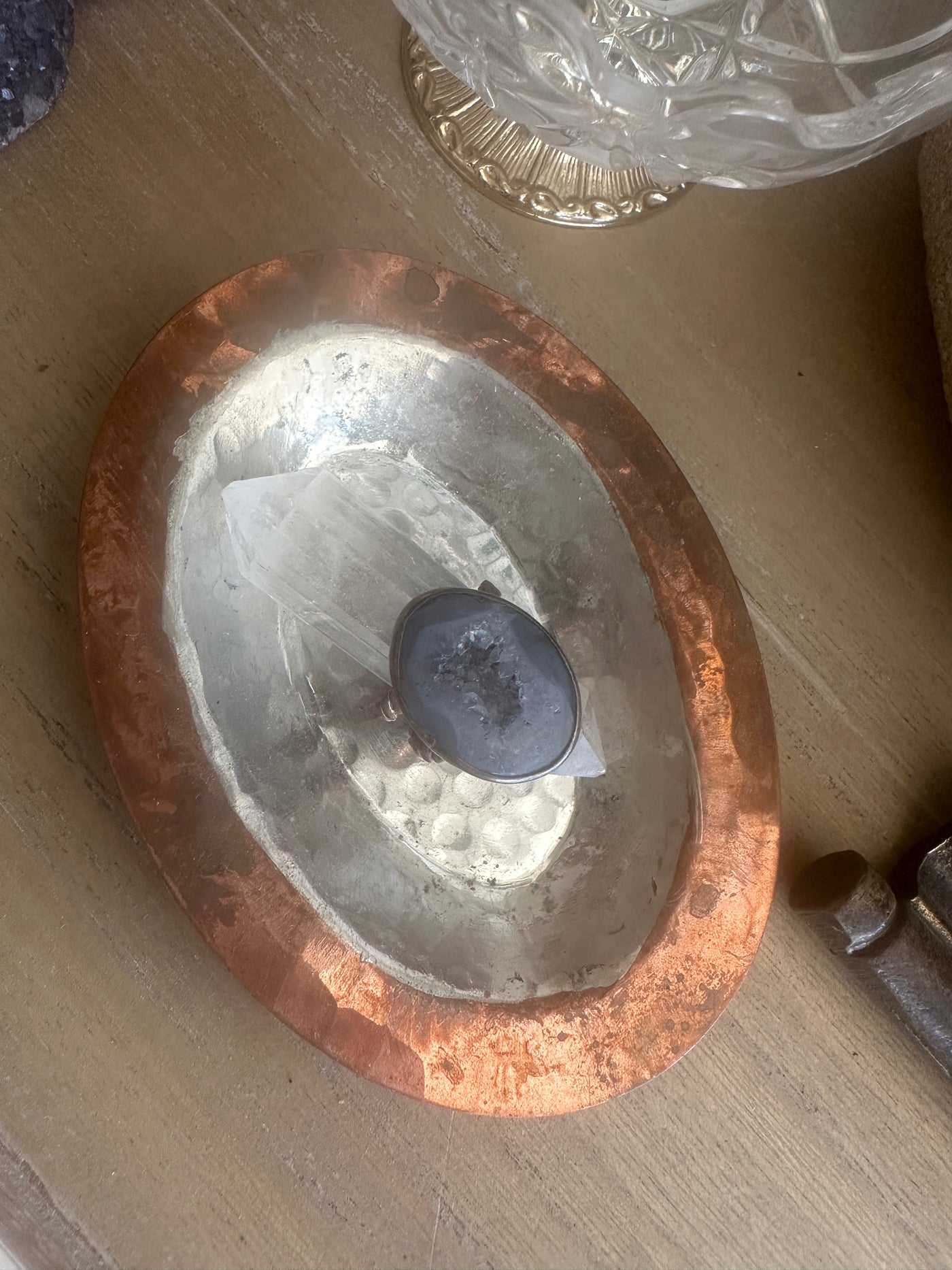 Mavi Kalsedon Druzy Kuvars Bakır Yüzük