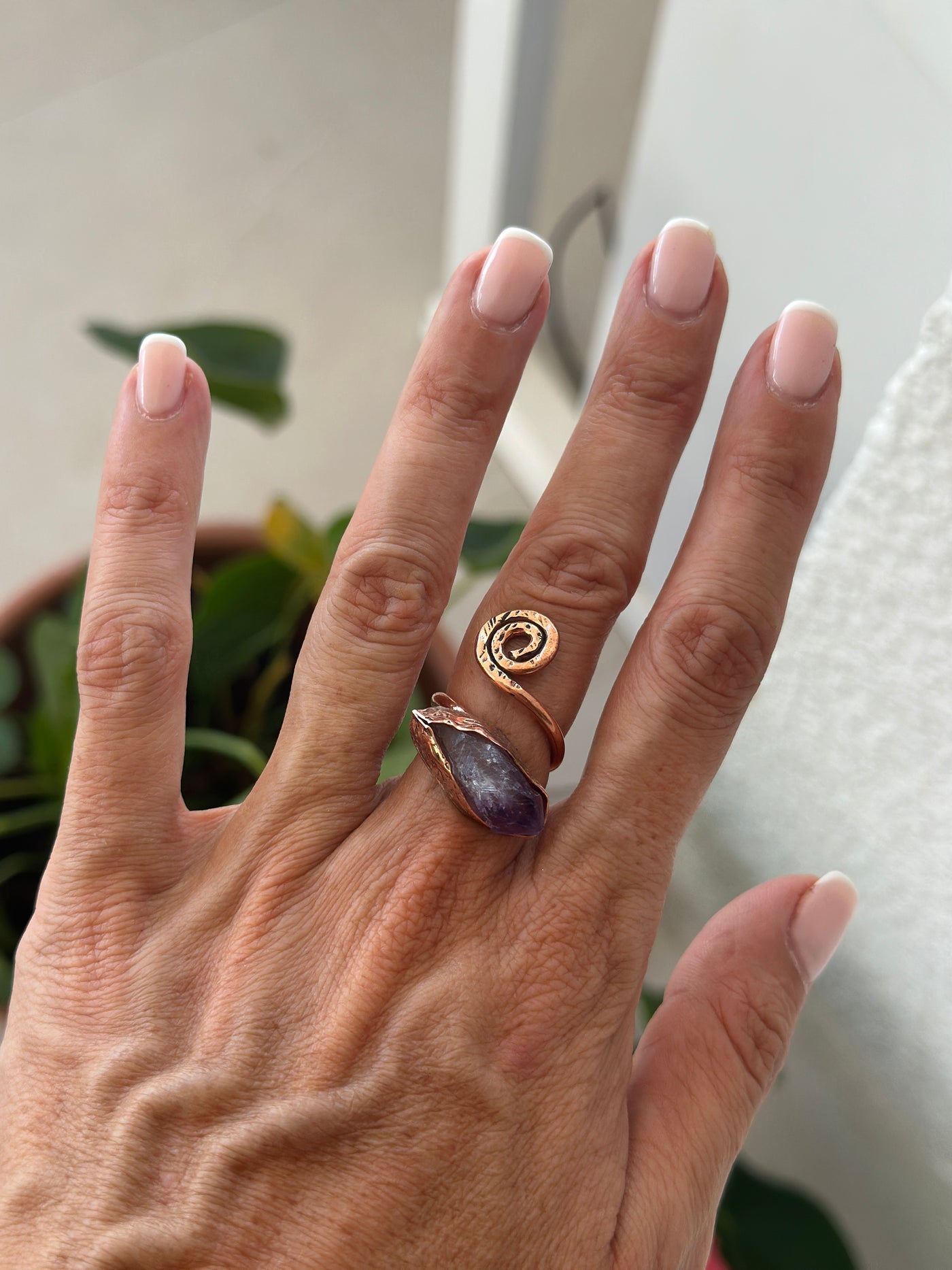 Amethyst Taşlı El Yapımı Bakır Yüzük