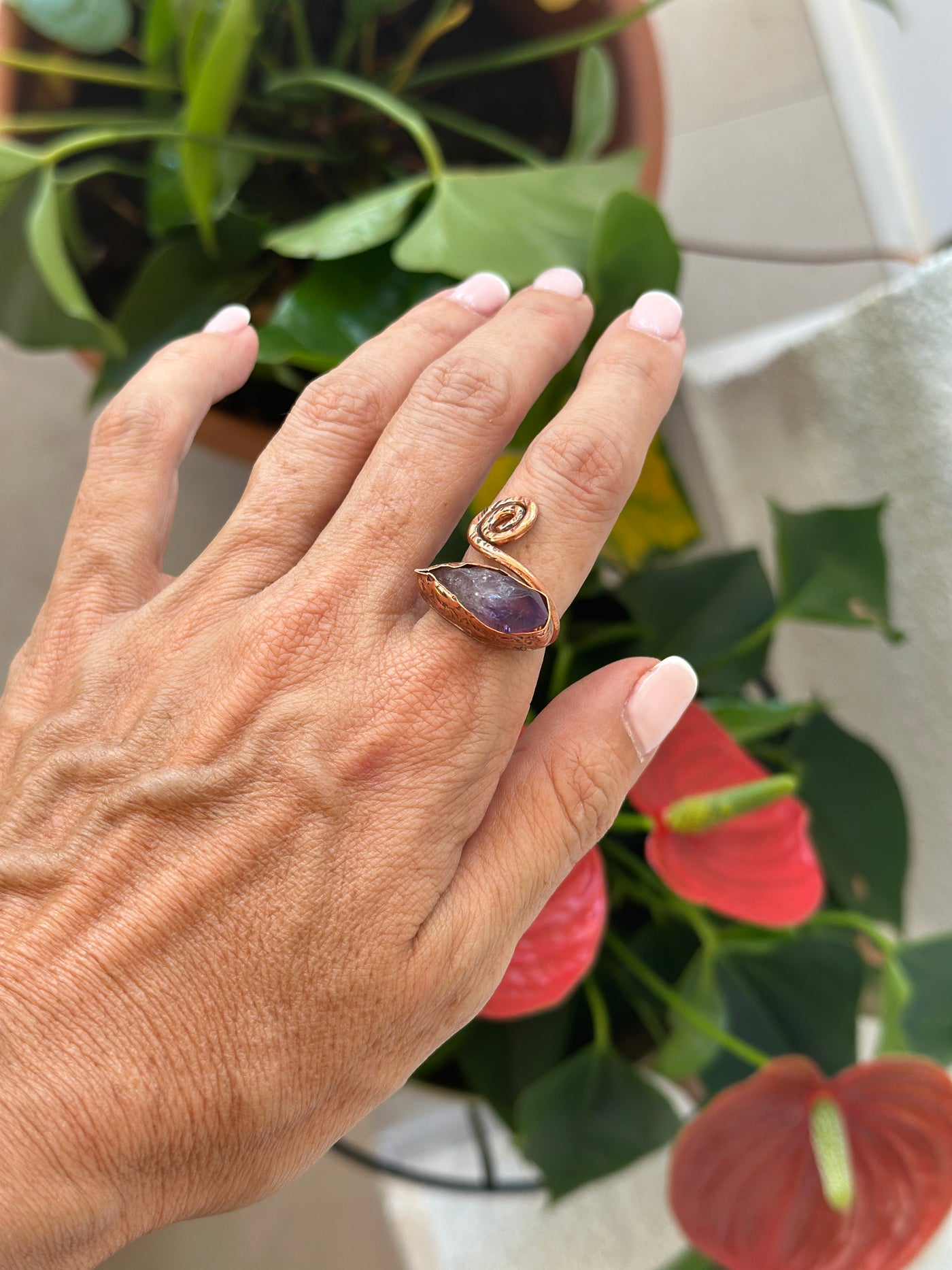 Amethyst Taşlı El Yapımı Bakır Yüzük