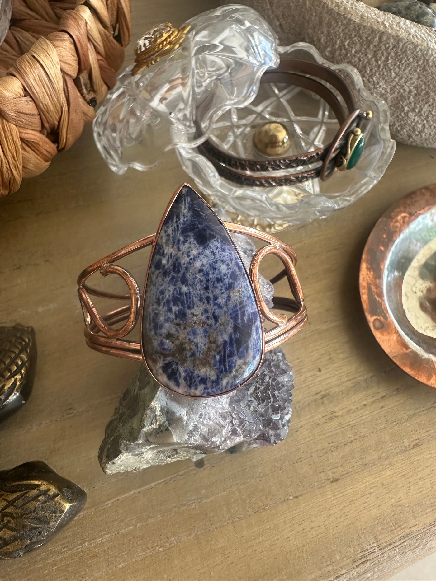 El Yapımı Lapis Lazuli Damla Taşlı Bakır Bileklik